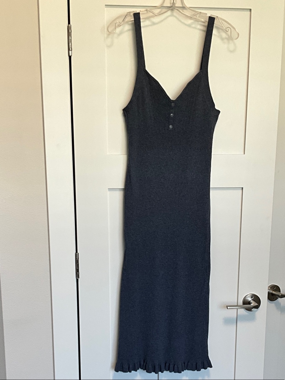 Sleeveless Ribbed Maxi Dress with Button V-Neck in Blue